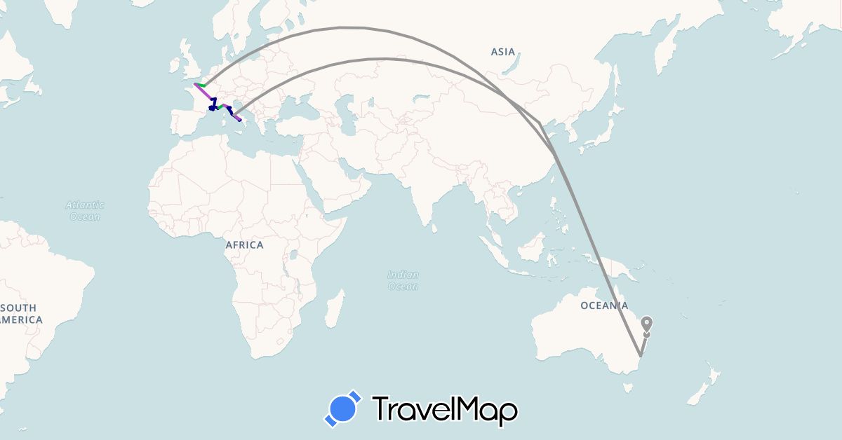 TravelMap itinerary: driving, bus, plane, train, boat in Australia, China, France, Italy, Monaco (Asia, Europe, Oceania)